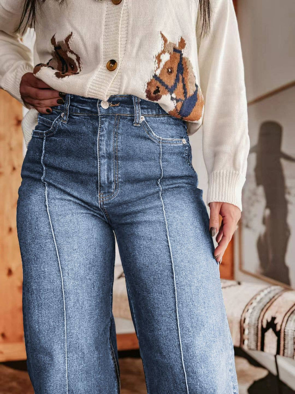 Turn-Up Hem Wide-Leg Front Seam Straight Jeans