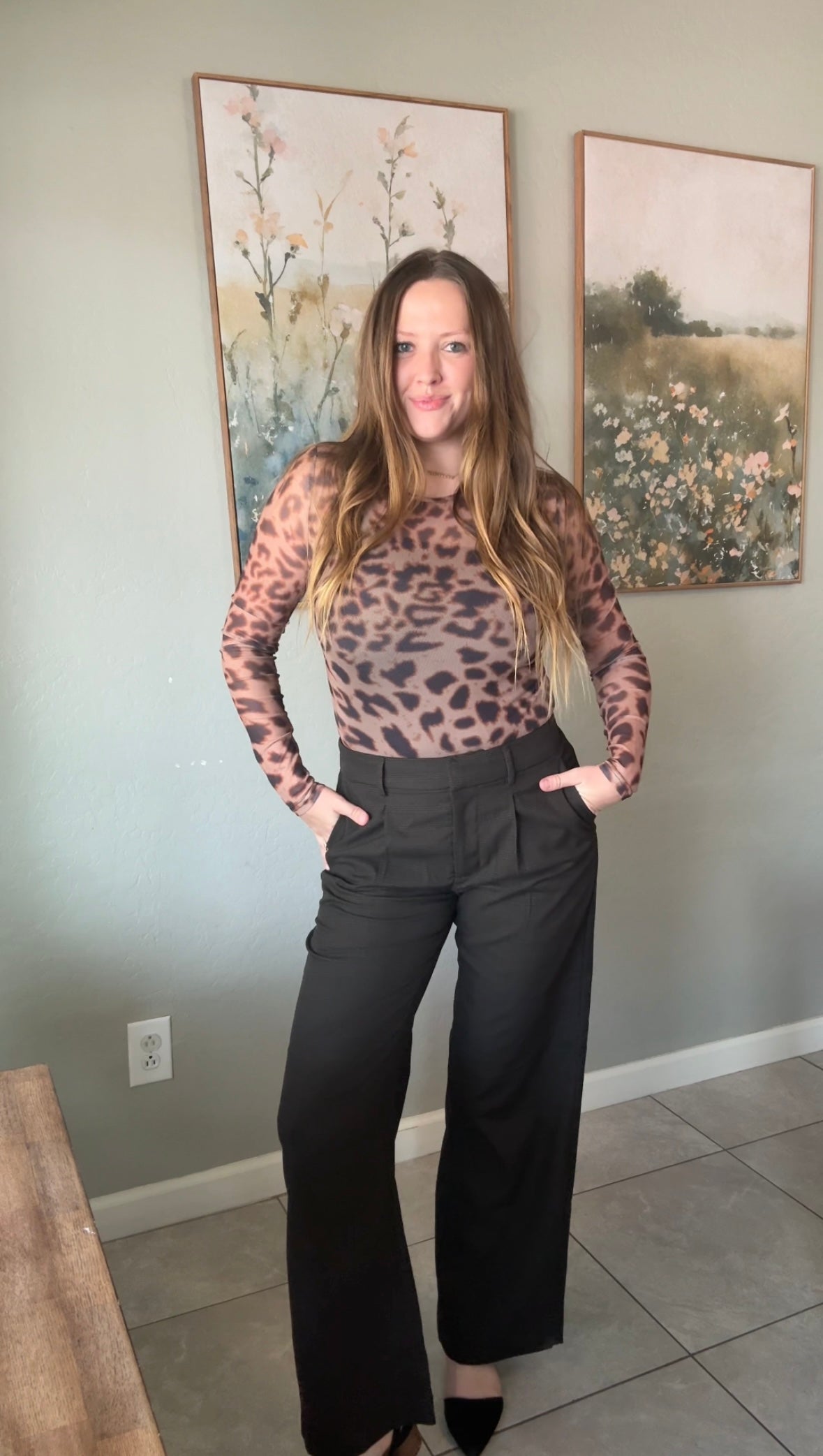 Leopard Print Long Sleeve Sheer Mesh Top