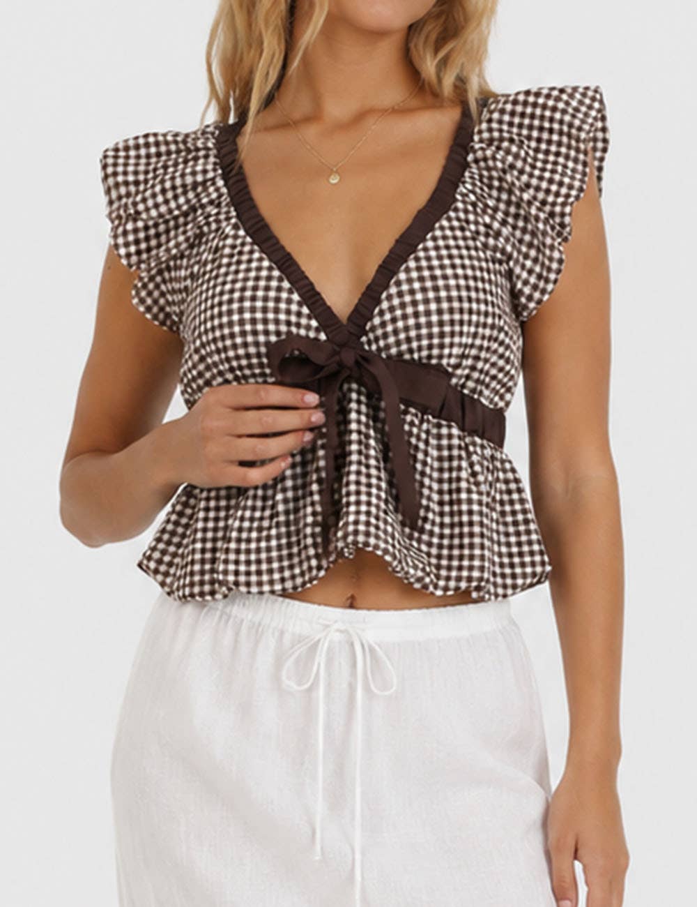 Chocolate Gingham Ruffle Sleeveless Bow Tie Peplum Top