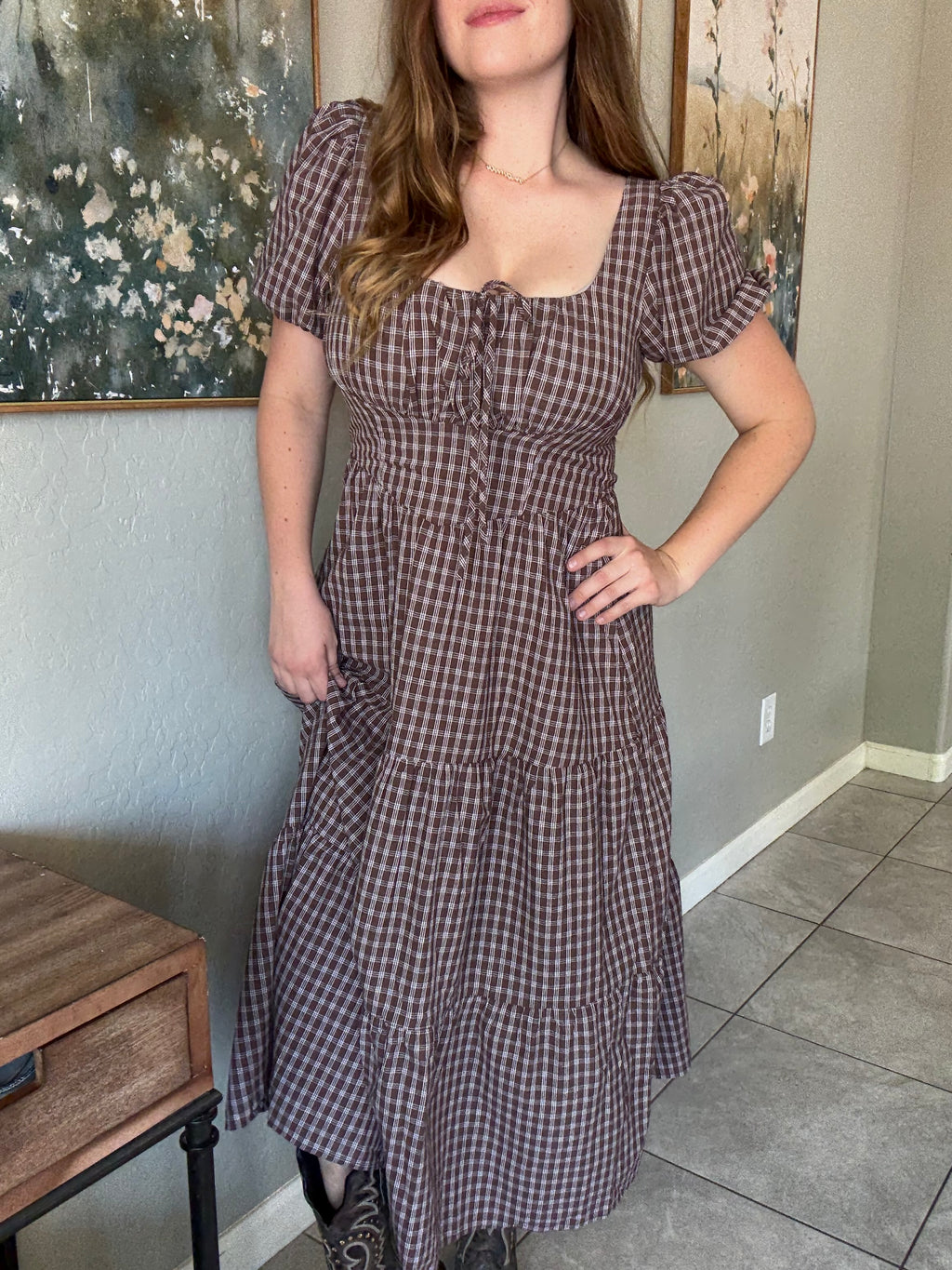 Plaid Mocha Puff Sleeve Tiered Midi Dress.