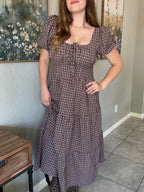 Plaid Mocha Puff Sleeve Tiered Midi Dress.