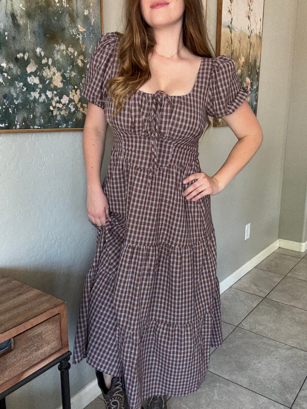 Plaid Mocha Puff Sleeve Tiered Midi Dress.