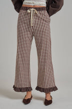 Gingham/Stripe Elastic Waist Pants with Lace Drawstring.