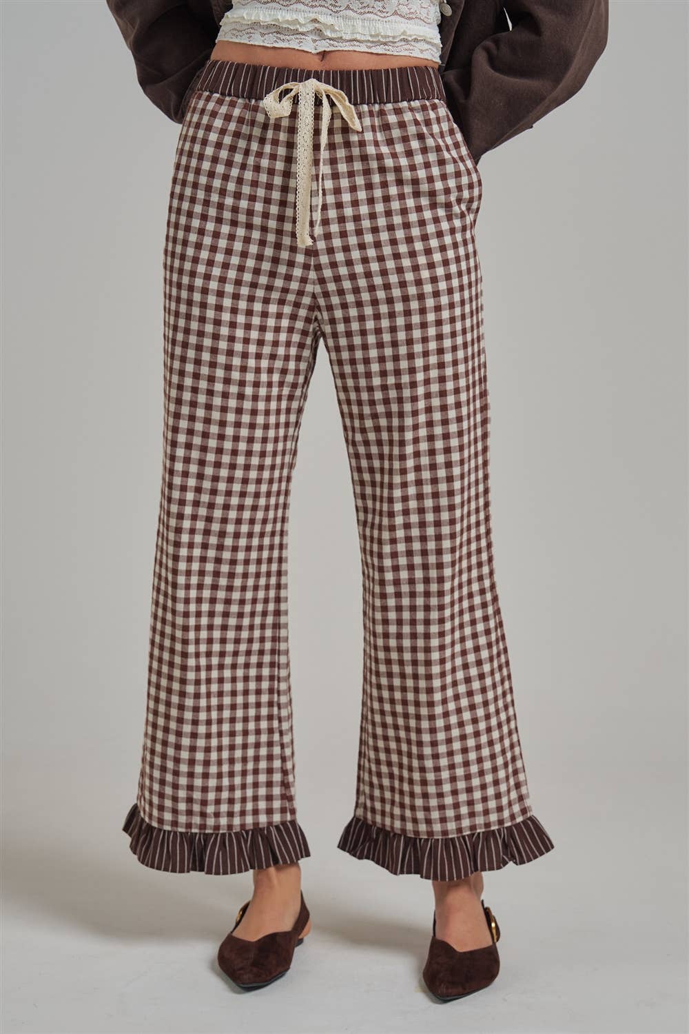 Gingham/Stripe Elastic Waist Pants with Lace Drawstring.
