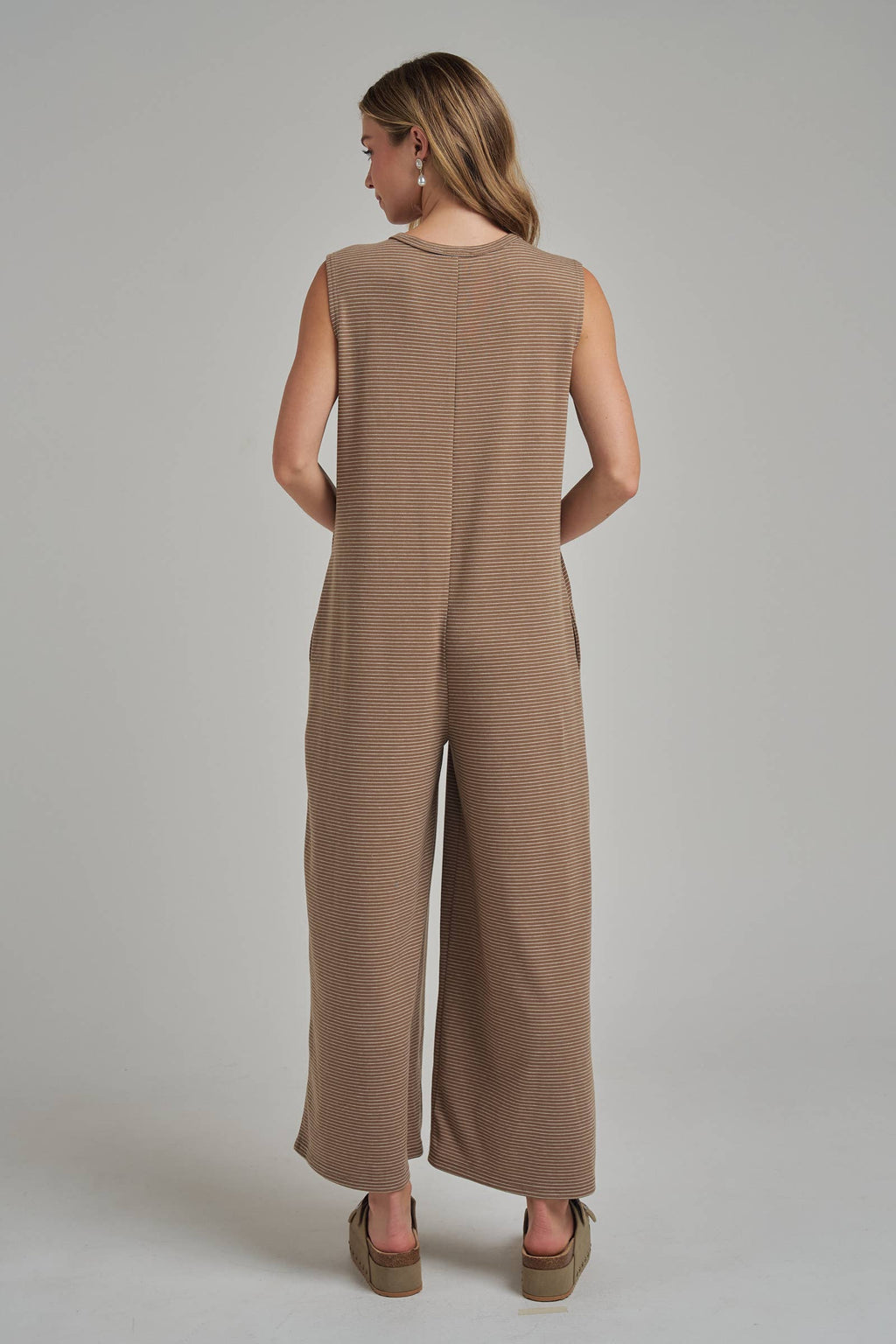 Buttoned Pin Stripe Knit Casual Jumpsuit