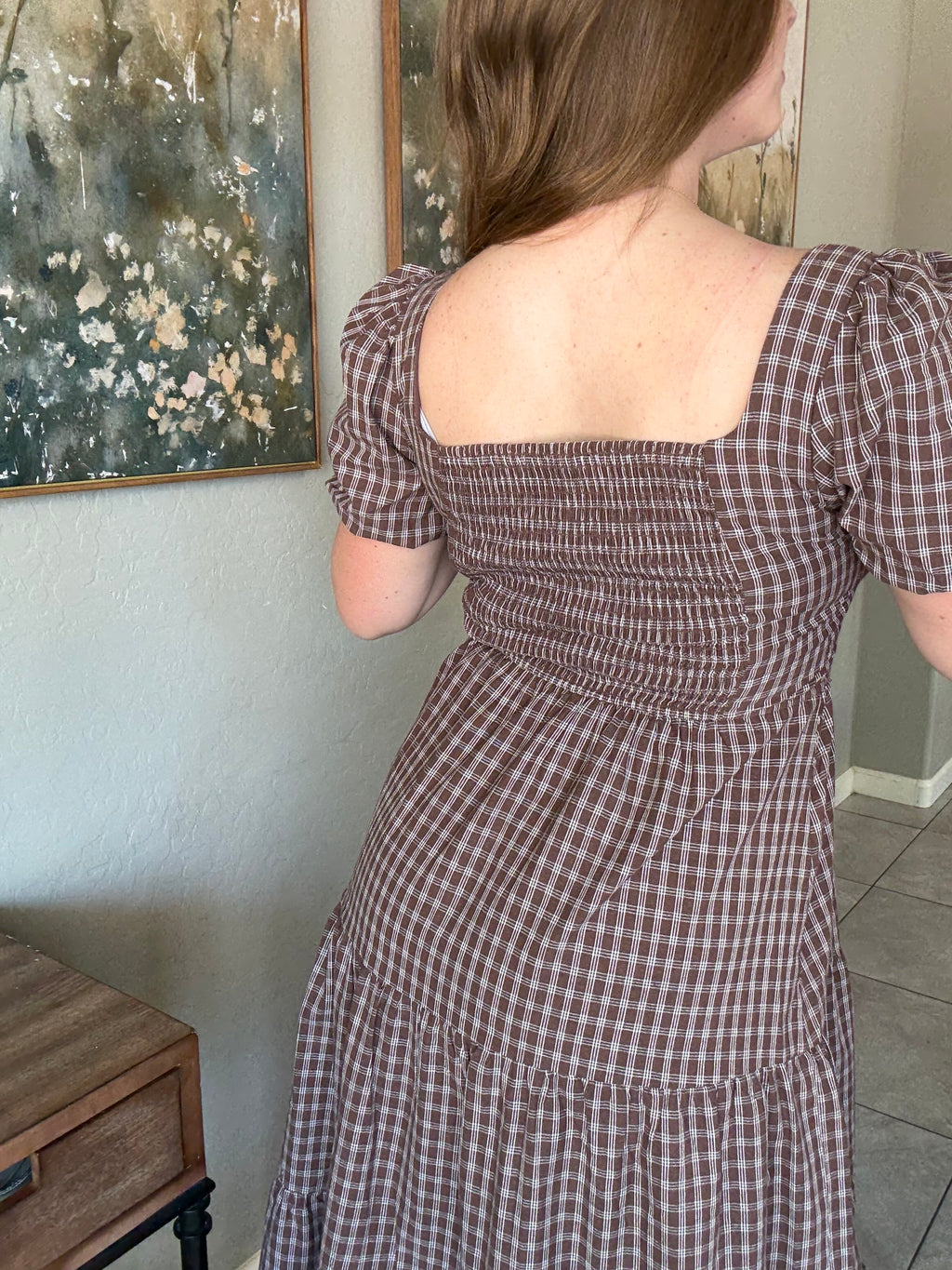 Plaid Mocha Puff Sleeve Tiered Midi Dress.