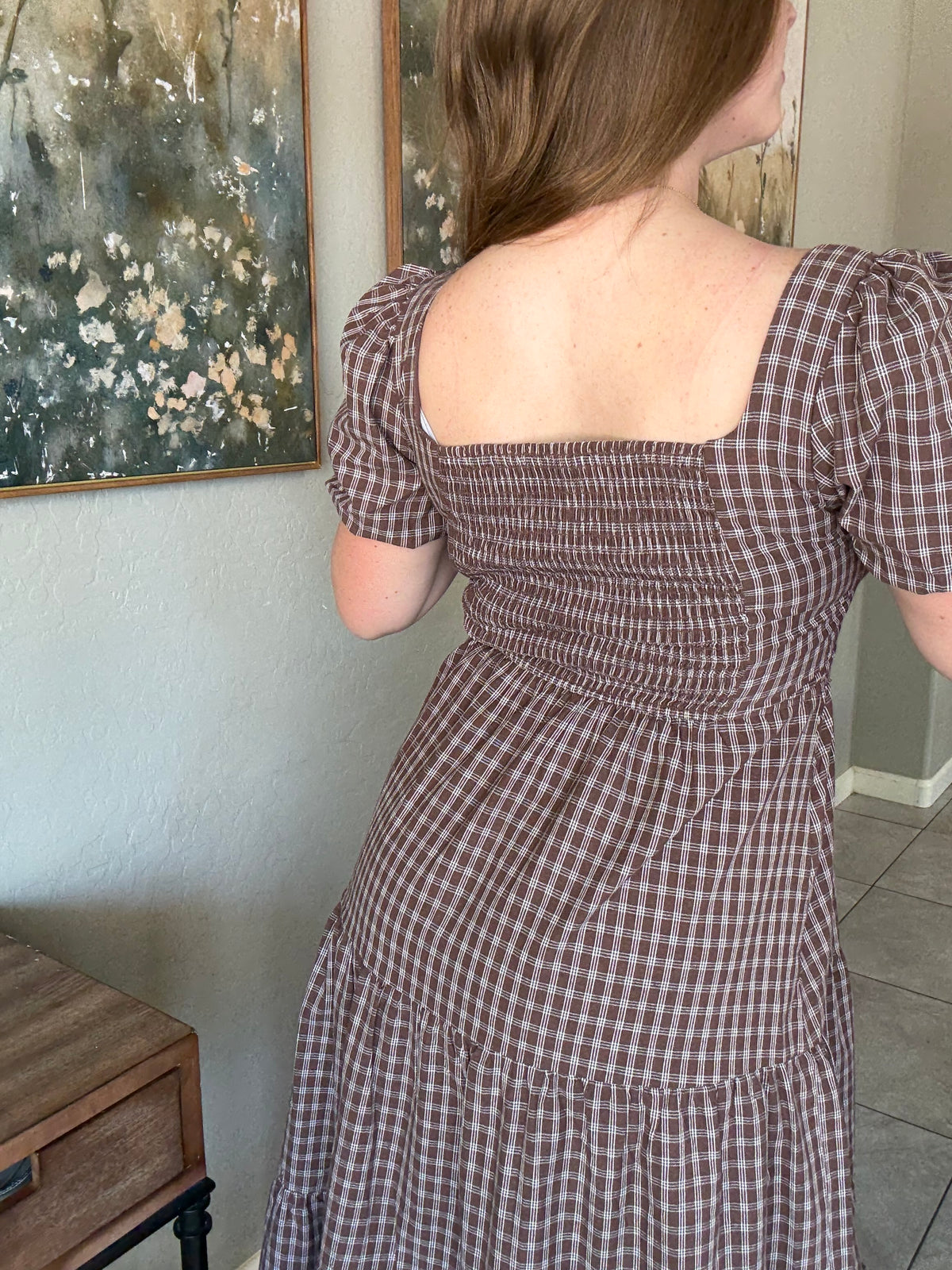 Plaid Mocha Puff Sleeve Tiered Midi Dress.