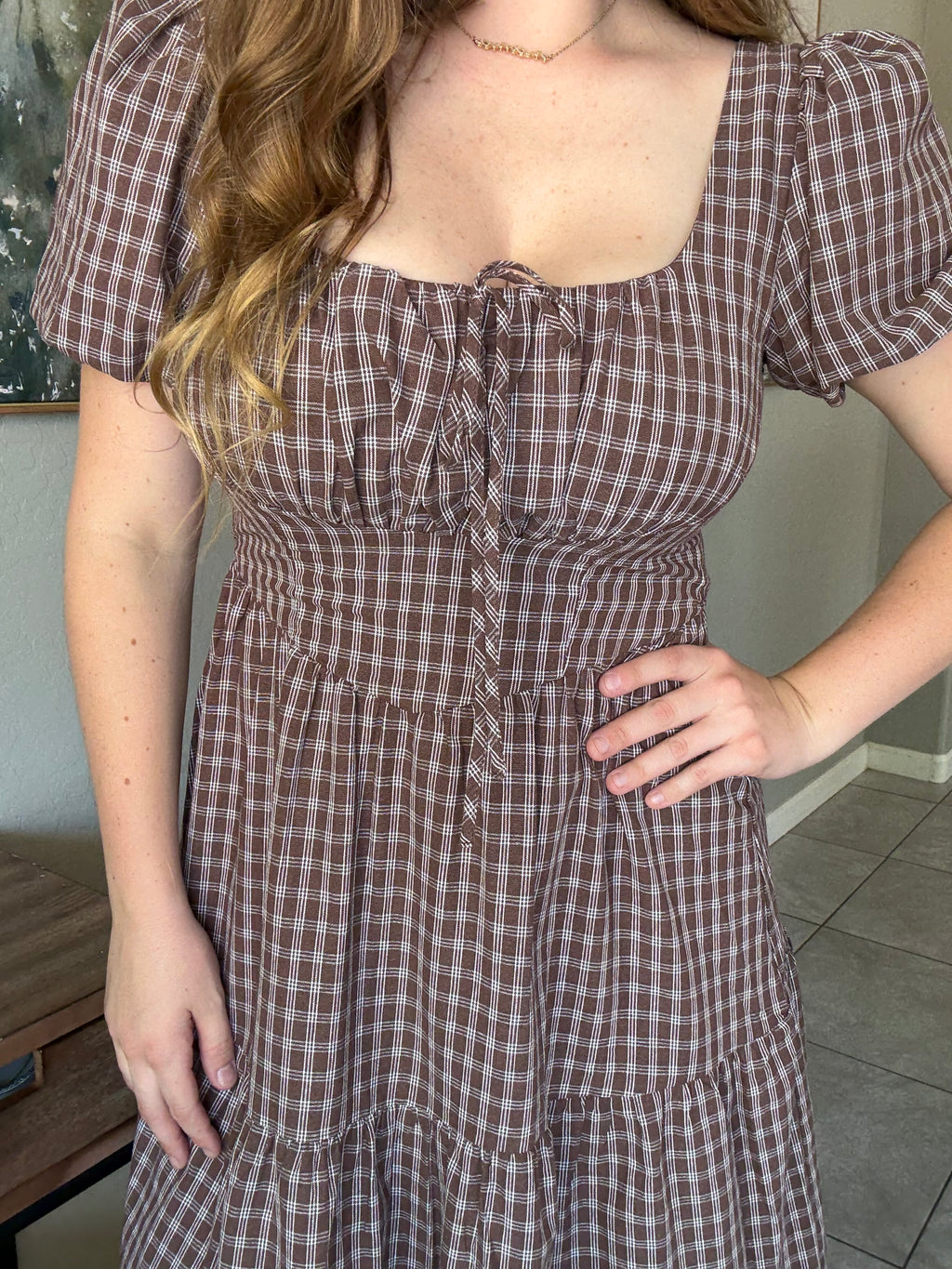Plaid Mocha Puff Sleeve Tiered Midi Dress.