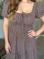 Plaid Mocha Puff Sleeve Tiered Midi Dress.