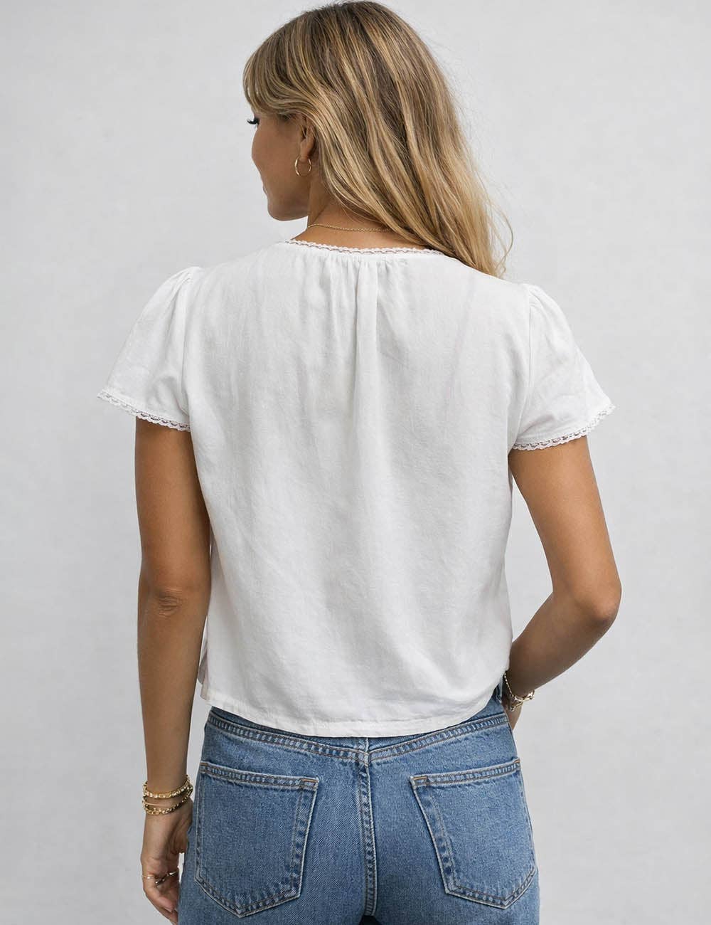 V-Neck Lace Trim Short Sleeve Top
