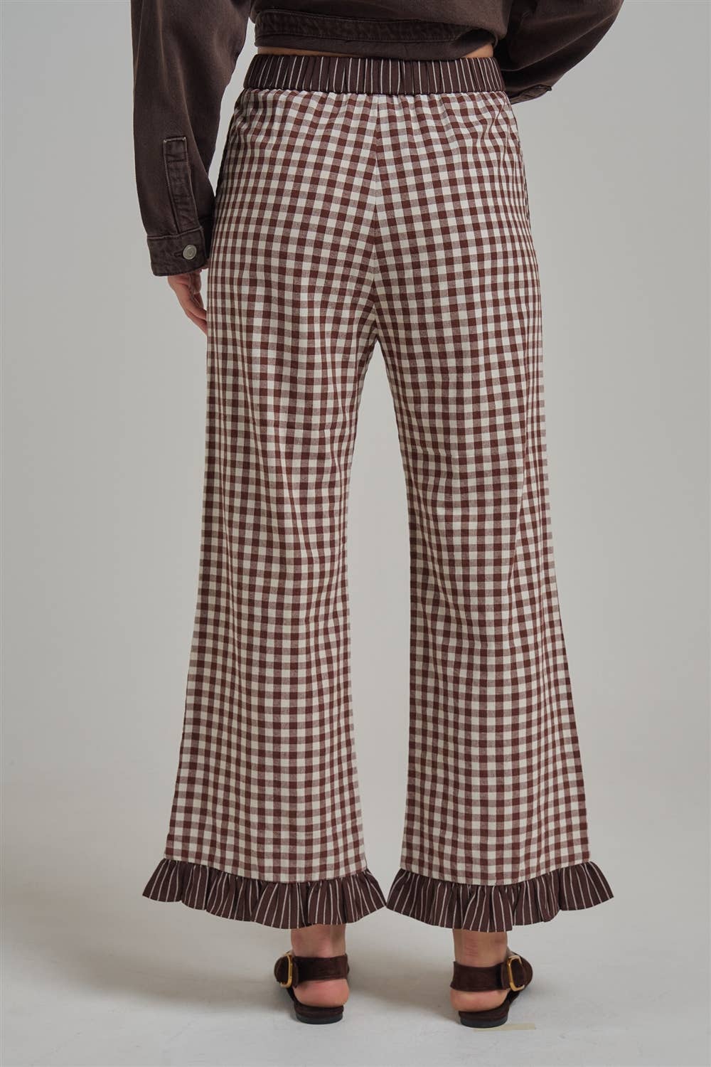 Gingham/Stripe Elastic Waist Pants with Lace Drawstring.