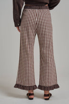 Gingham/Stripe Elastic Waist Pants with Lace Drawstring.