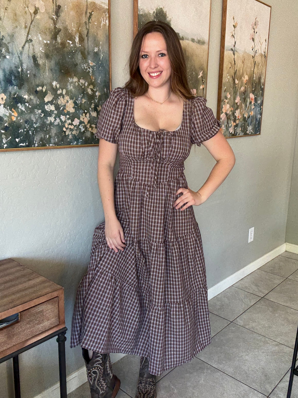 Plaid Mocha Puff Sleeve Tiered Midi Dress.