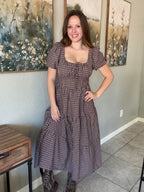 Plaid Mocha Puff Sleeve Tiered Midi Dress.