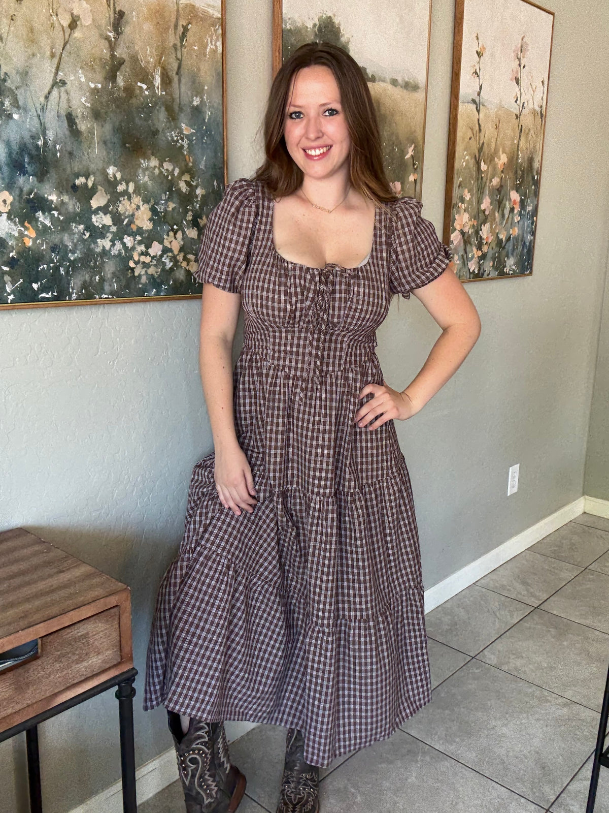 Plaid Mocha Puff Sleeve Tiered Midi Dress.