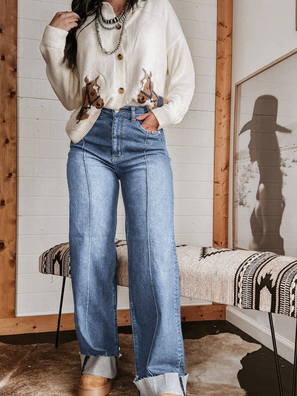Turn-Up Hem Wide-Leg Front Seam Straight Jeans