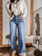Turn-Up Hem Wide-Leg Front Seam Straight Jeans
