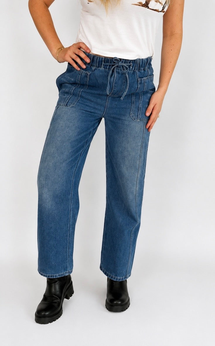 Barrel Style Distressed Drawstring Loose Fitted Jeans.