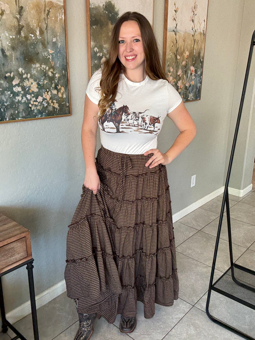 Mini Checkered Tiered Boho Western Maxi Skirt.