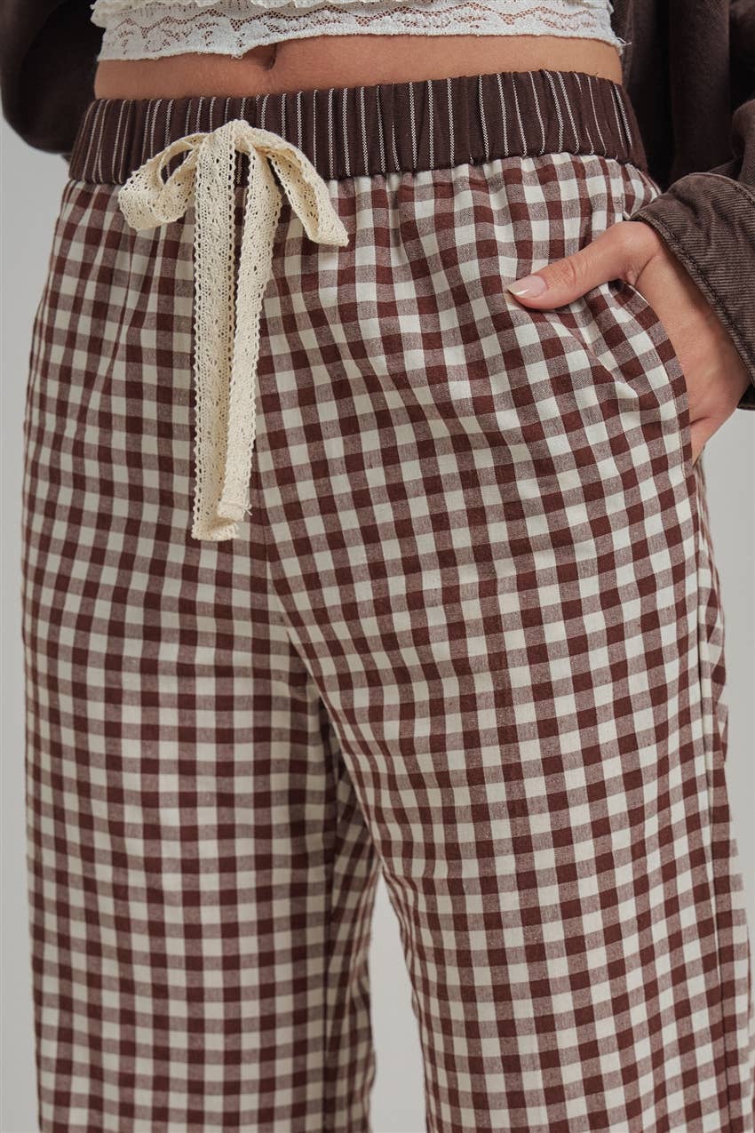 Gingham/Stripe Elastic Waist Pants with Lace Drawstring.