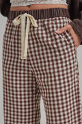 Gingham/Stripe Elastic Waist Pants with Lace Drawstring.