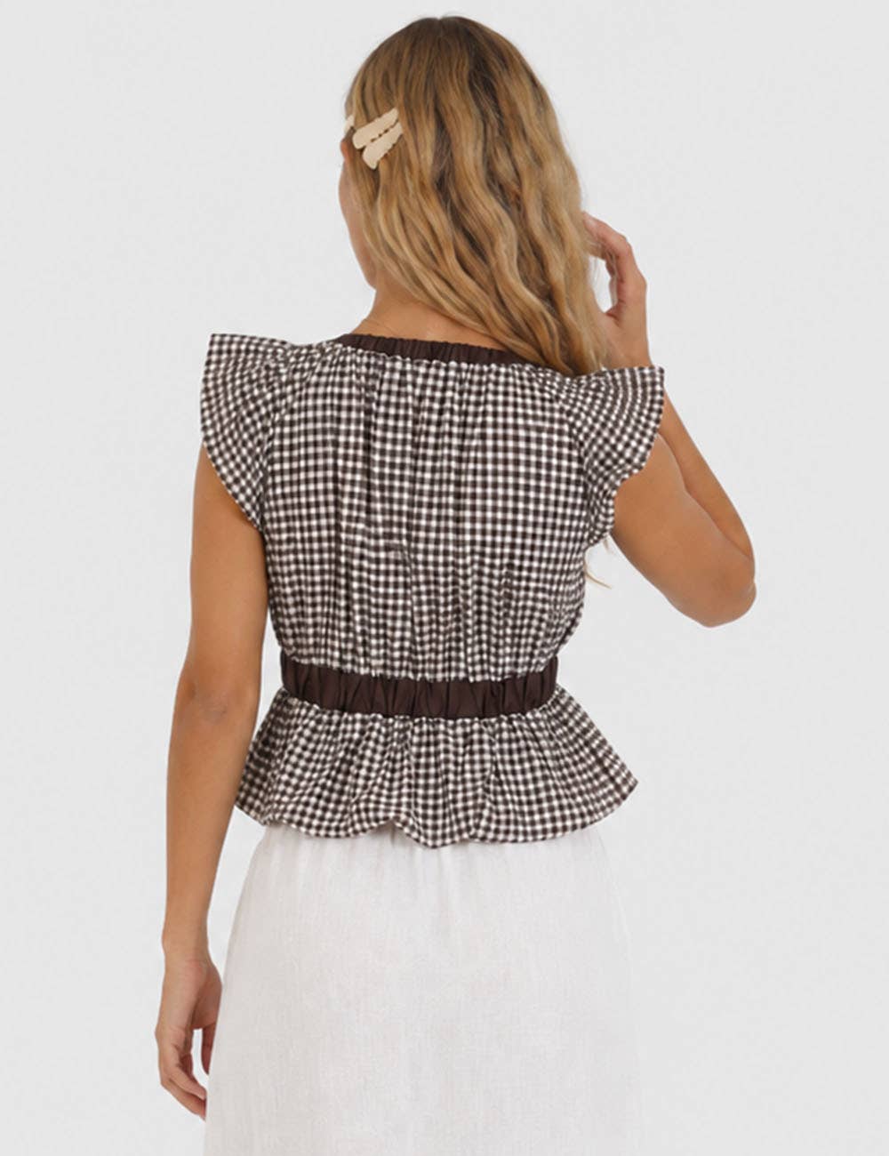 Chocolate Gingham Ruffle Sleeveless Bow Tie Peplum Top