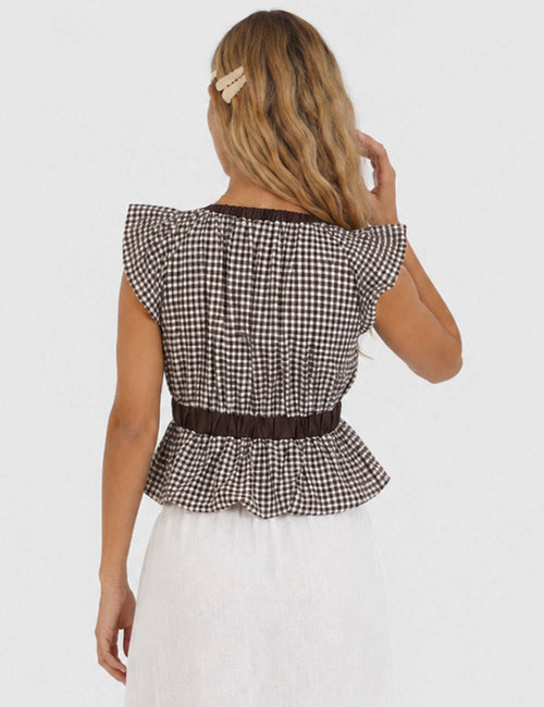 Chocolate Gingham Ruffle Sleeveless Bow Tie Peplum Top