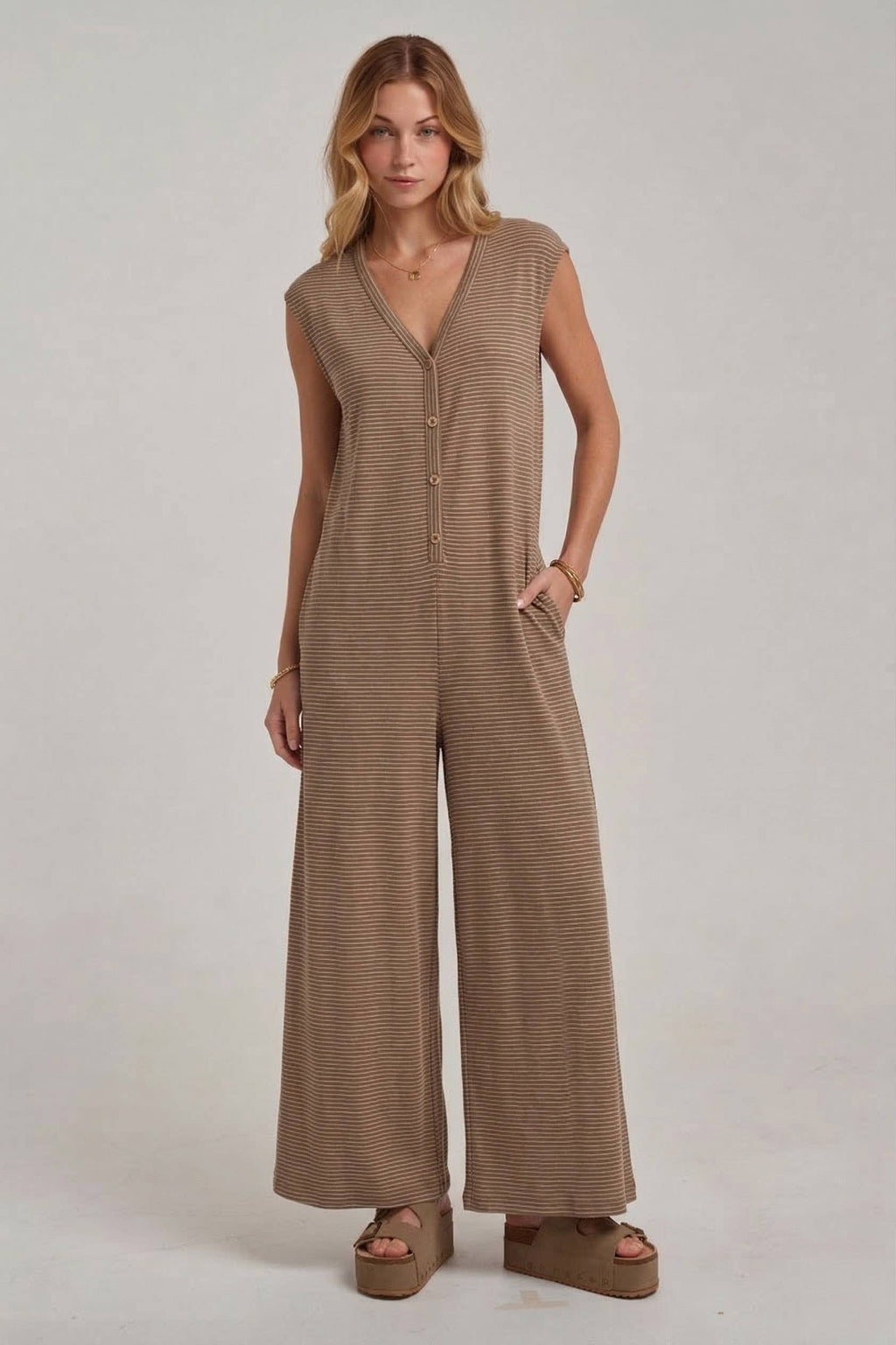 Buttoned Pin Stripe Knit Casual Jumpsuit