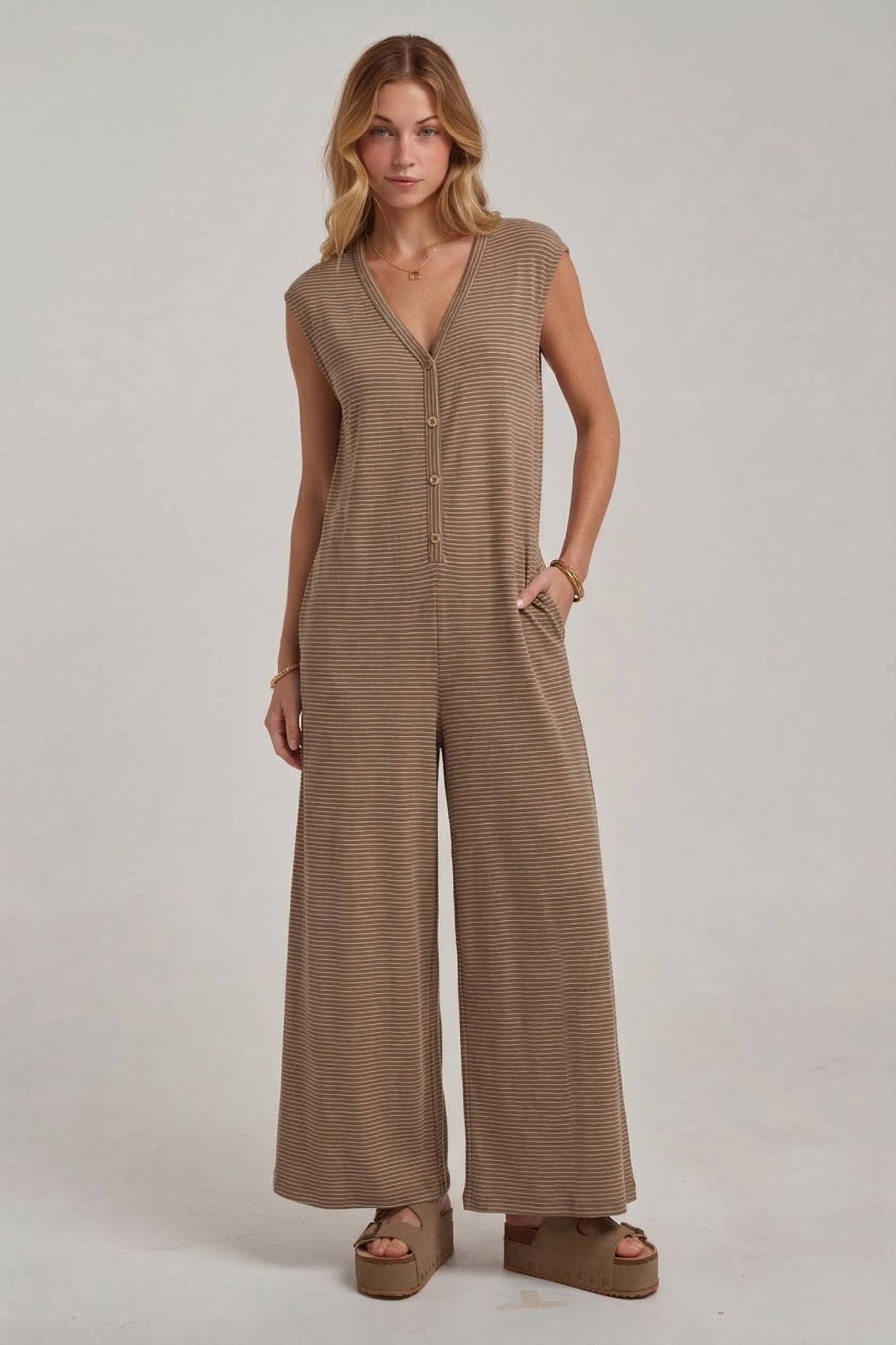 Buttoned Pin Stripe Knit Casual Jumpsuit