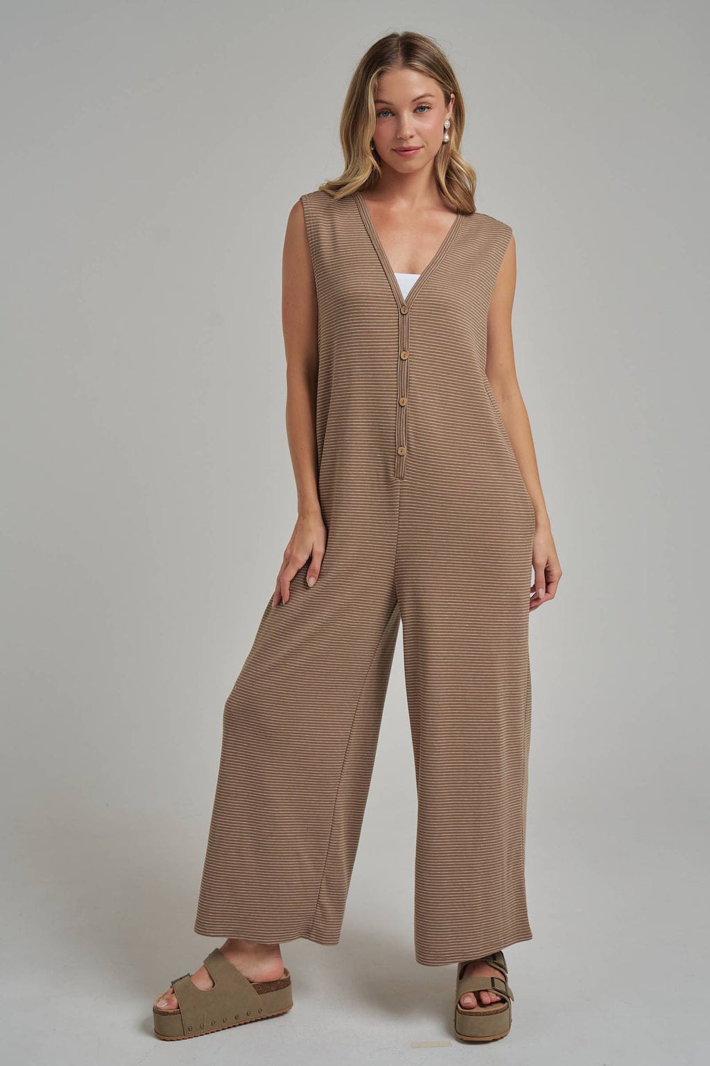 Buttoned Pin Stripe Knit Casual Jumpsuit