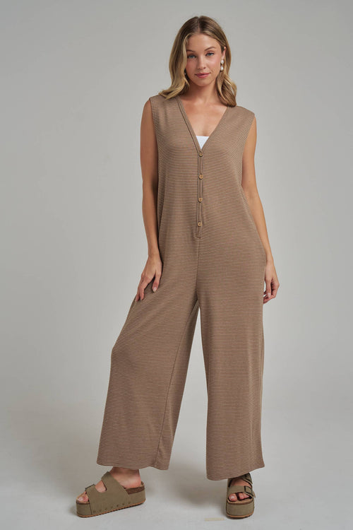 Buttoned Pin Stripe Knit Casual Jumpsuit